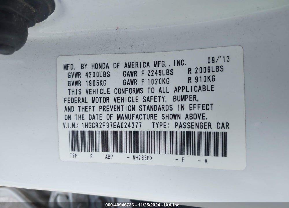 2014 HONDA ACCORD LX VIN: 1HGCR2F37EA024377