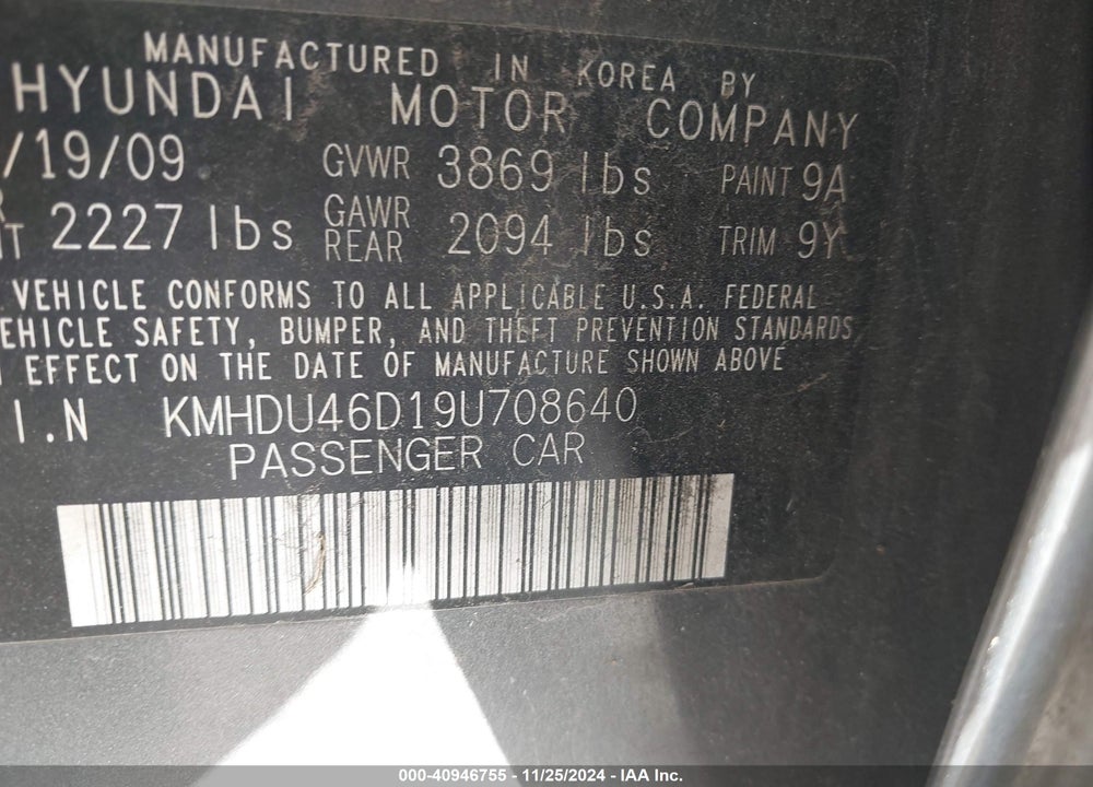 2009 HYUNDAI ELANTRA GLS VIN: KMHDU46D19U708640