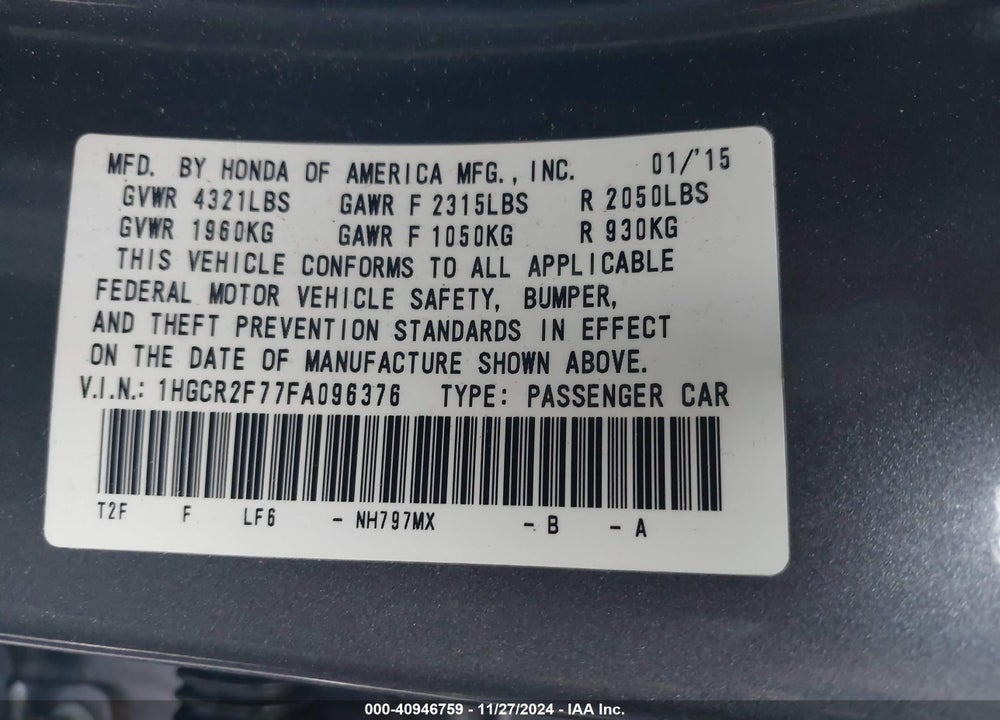 2015 HONDA ACCORD EX VIN: 1HGCR2F77FA096376