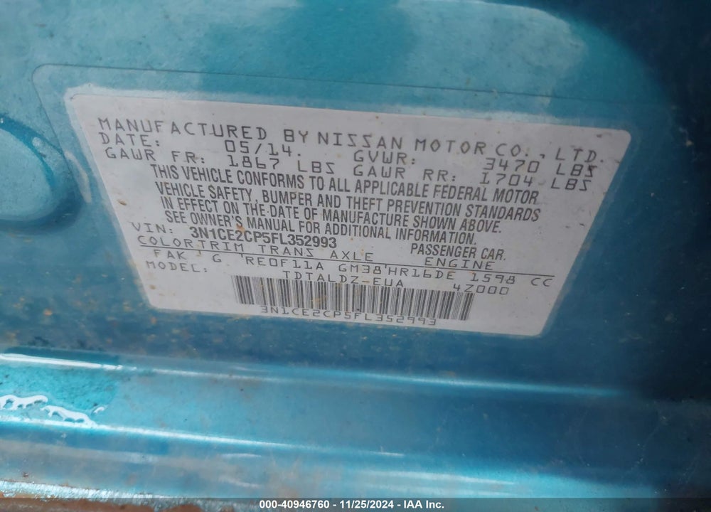 2015 NISSAN VERSA NOTE S (SR)/S PLUS/SL/SR/SV VIN: 3N1CE2CP5FL352993