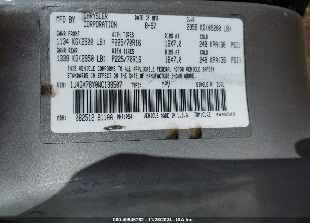 1998 JEEP GRAND CHEROKEE LIMITED VIN: 1J4GX78Y0WC138507