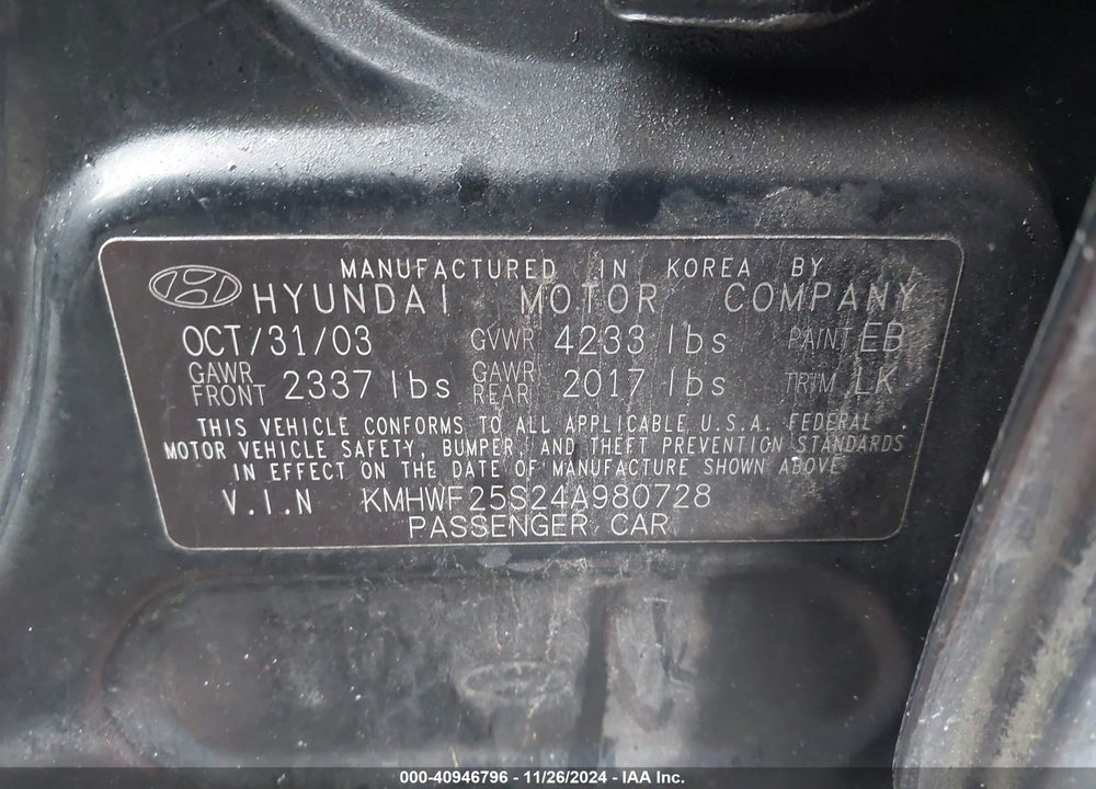2004 HYUNDAI SONATA VIN: KMHWF25S24A980728