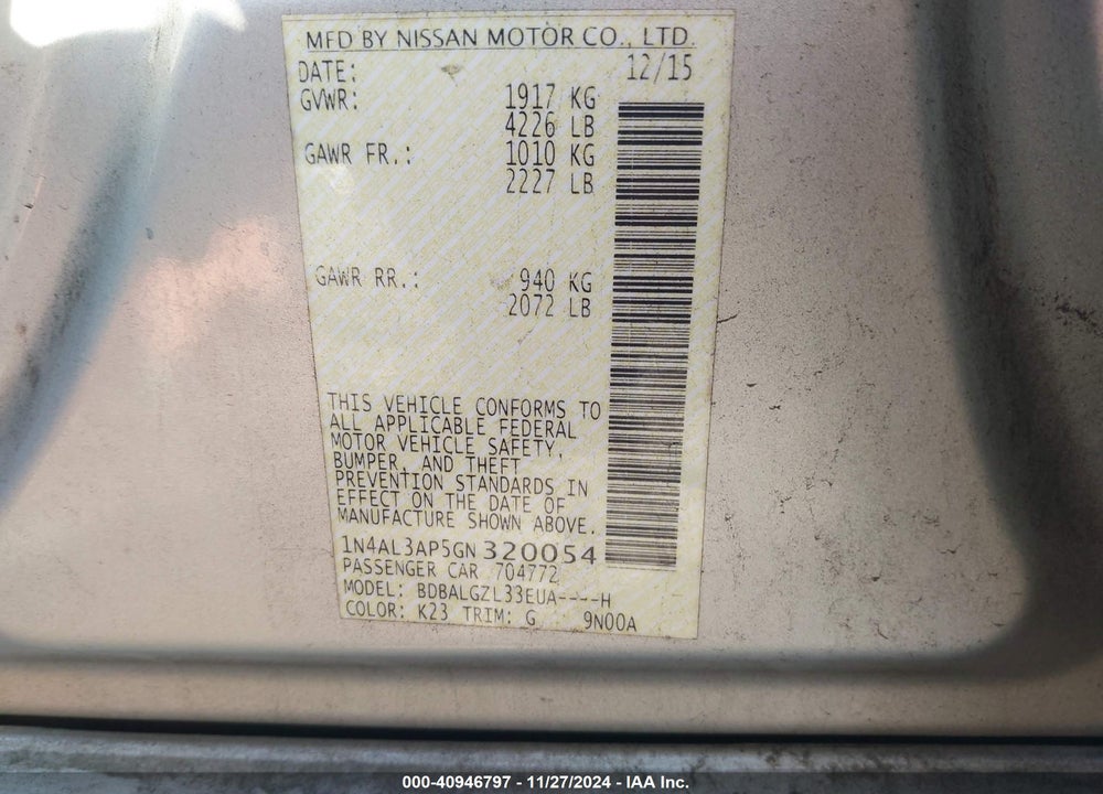 2016 NISSAN ALTIMA 2.5 S VIN: 1N4AL3AP5GN320054