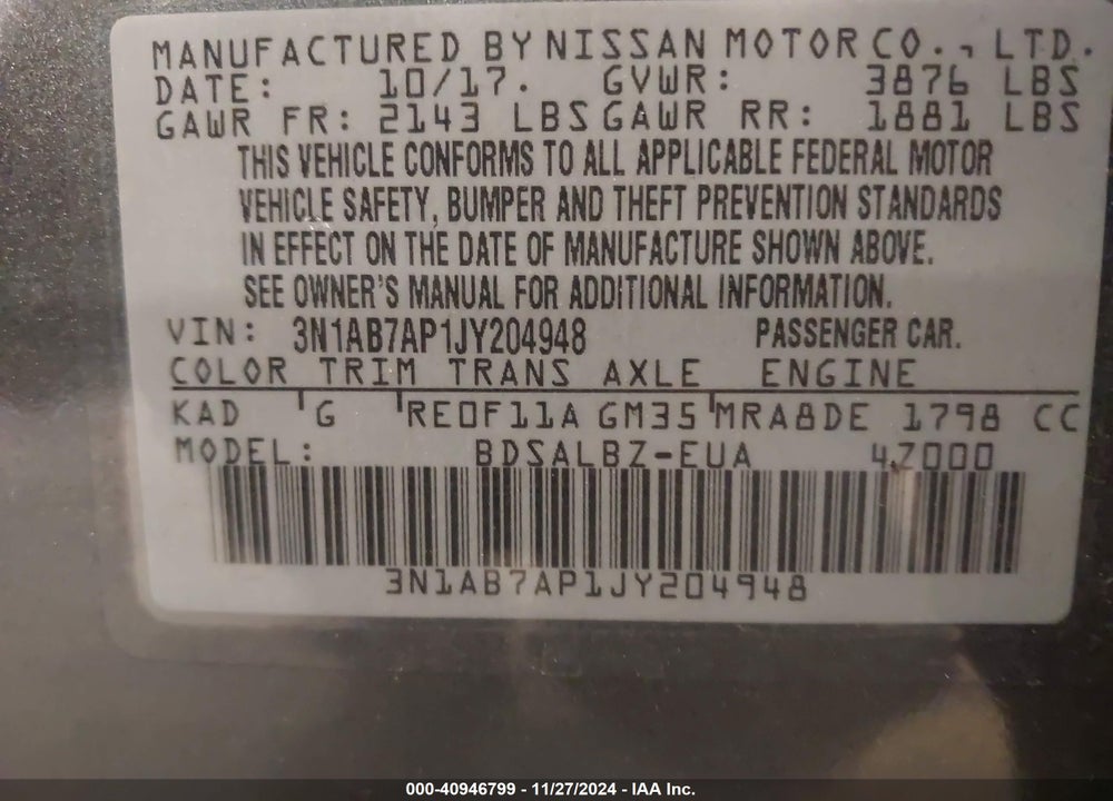 2018 NISSAN SENTRA VIN: 3N1AB7AP1JY204948