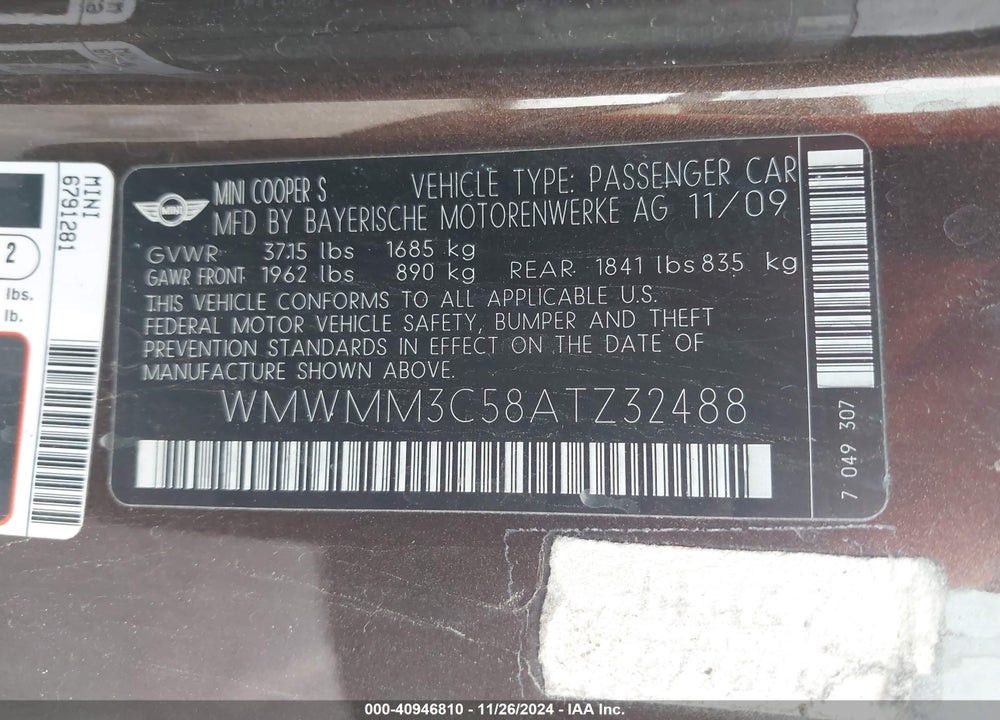 2010 MINI COOPER S CLUBMAN VIN: WMWMM3C58ATZ32488