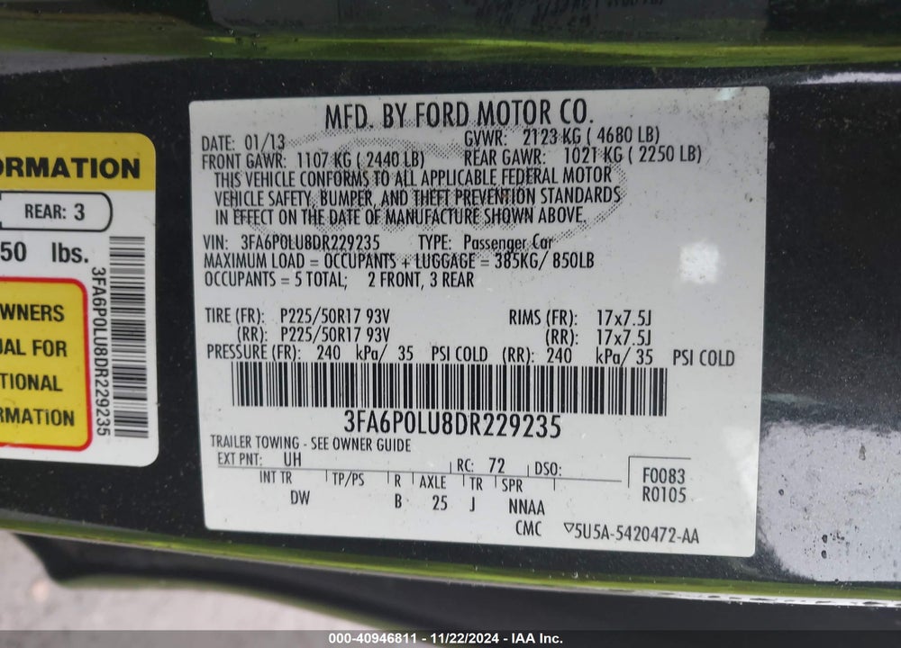 2013 FORD FUSION VIN: 3FA6P0LU8DR229235