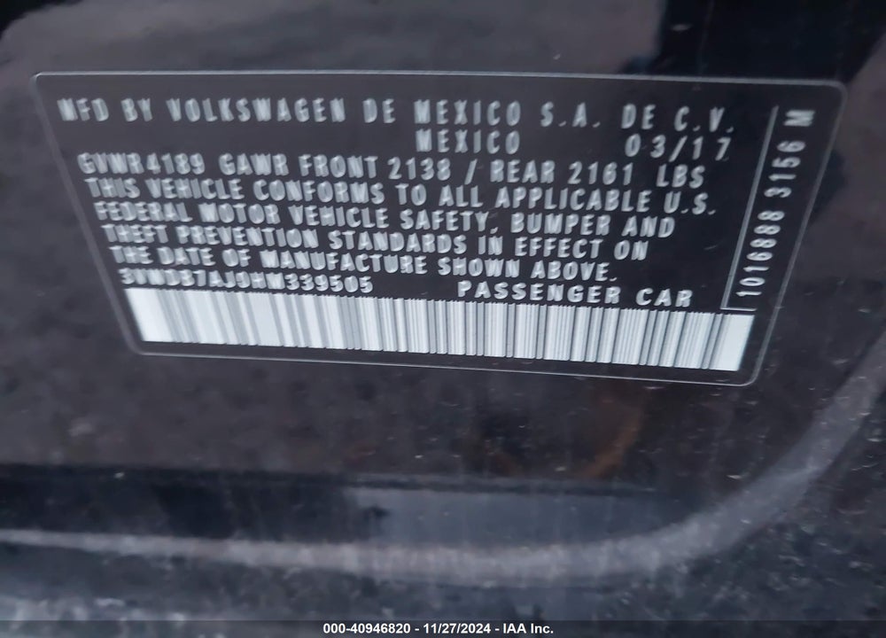 2017 VOLKSWAGEN JETTA 1.4T SE VIN: 3VWDB7AJ0HM339505