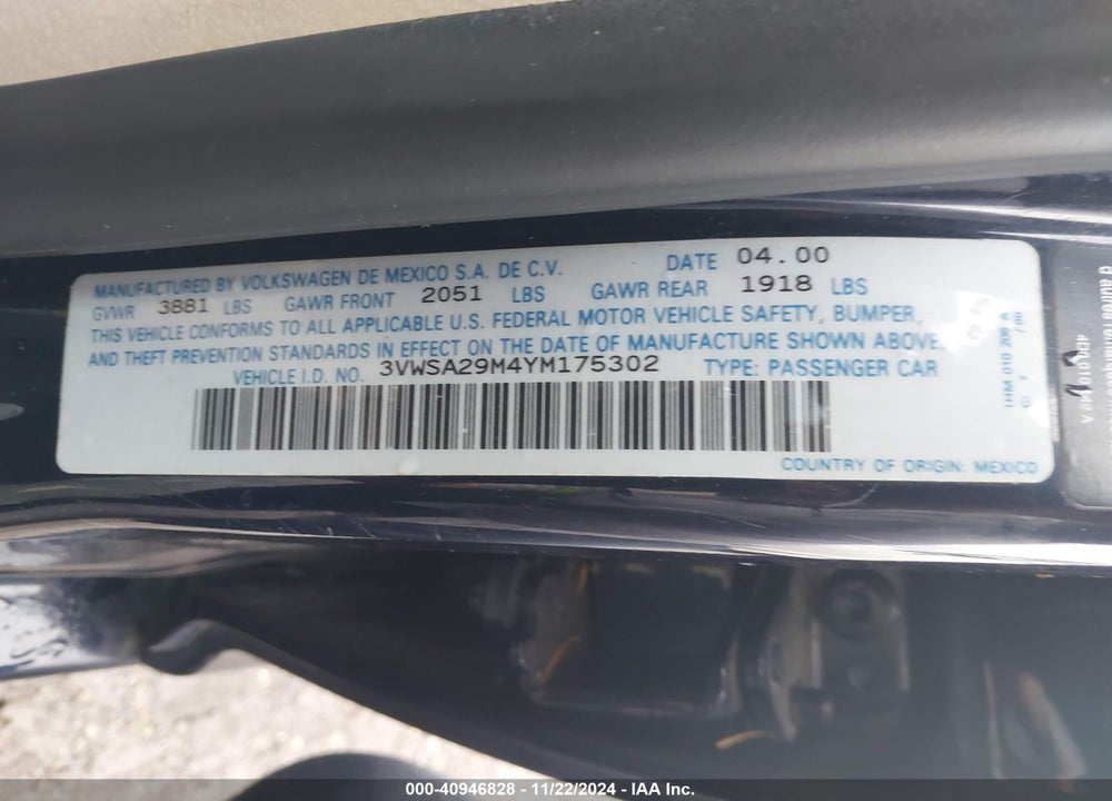 2000 VOLKSWAGEN JETTA GLS VIN: 3VWSA29M4YM175302