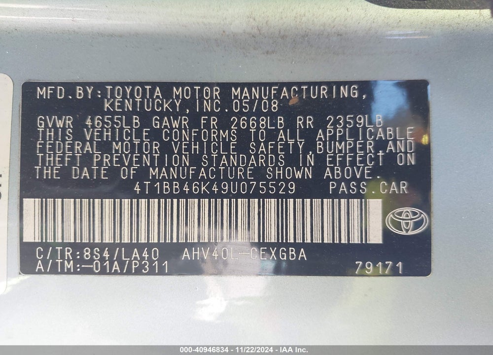 2009 TOYOTA CAMRY HYBRID VIN: 4T1BB46K49U075529