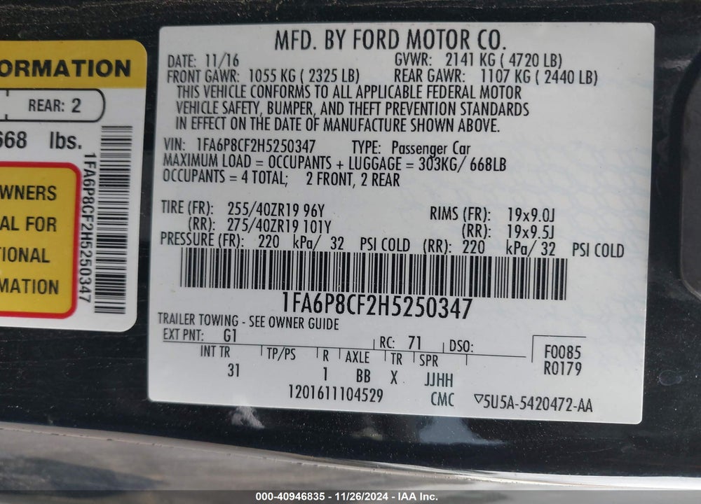 2017 FORD MUSTANG GT VIN: 1FA6P8CF2H5250347