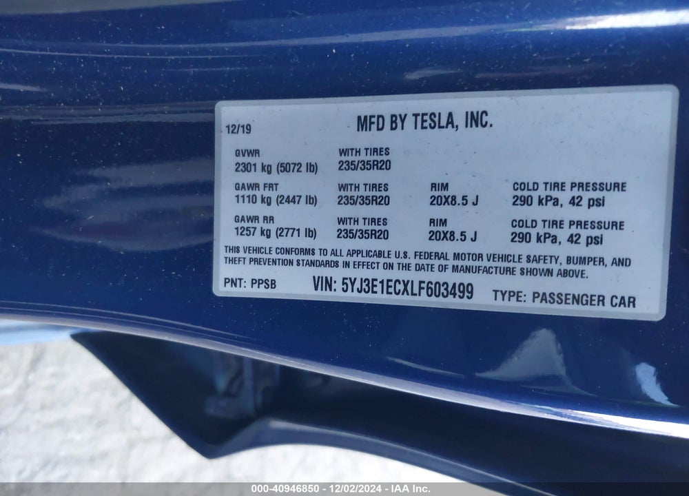 2020 TESLA MODEL 3 PERFORMANCE DUAL MOTOR ALL-WHEEL DRIVE VIN: 5YJ3E1ECXLF603499