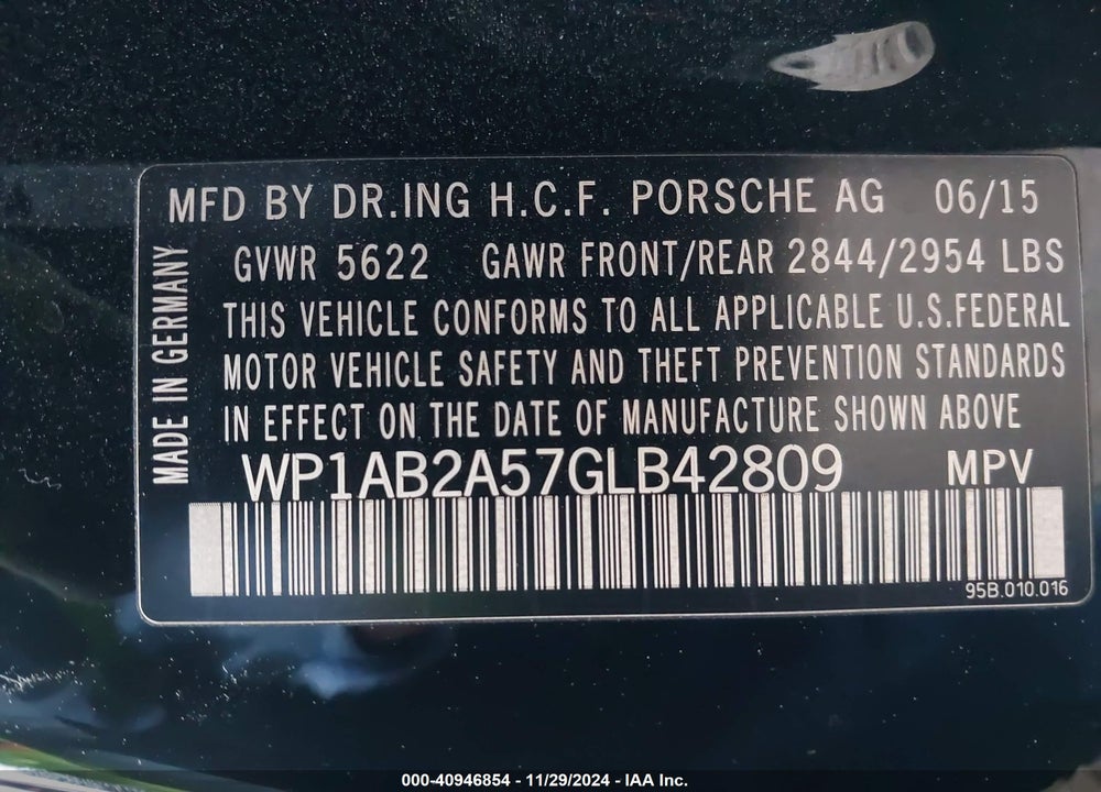 2016 PORSCHE MACAN S VIN: WP1AB2A57GLB42809