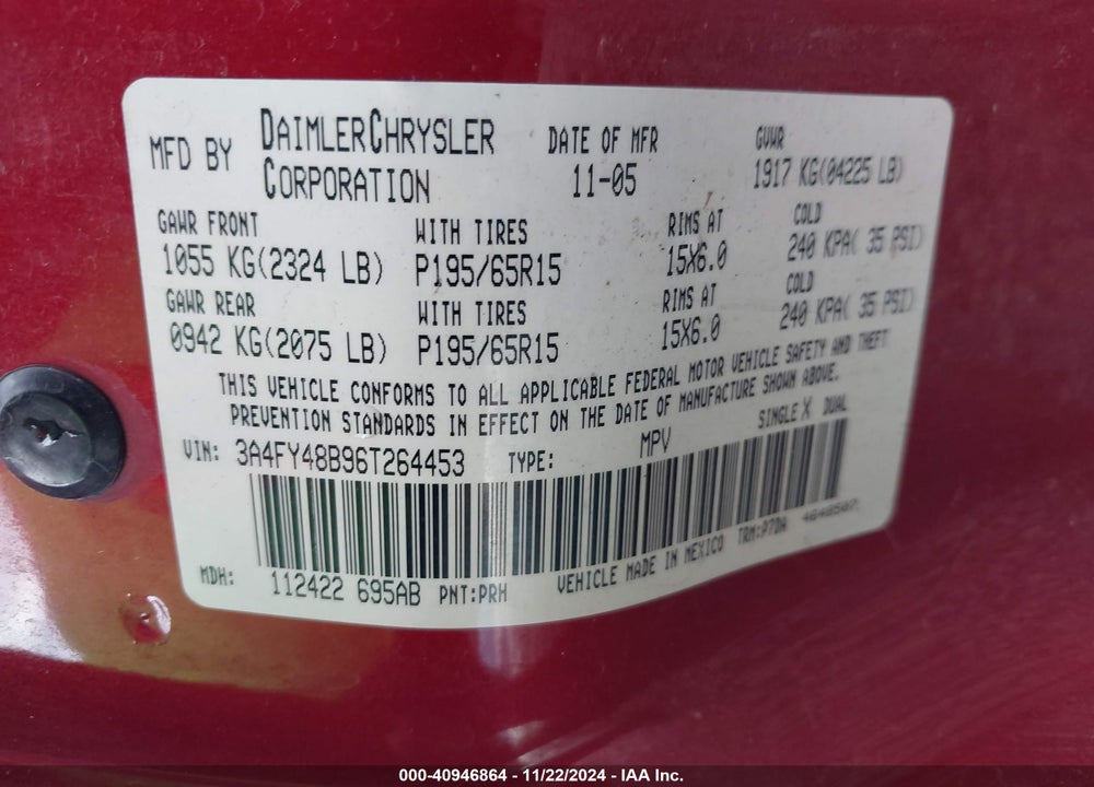 2006 CHRYSLER PT CRUISER VIN: 3A4FY48B96T264453