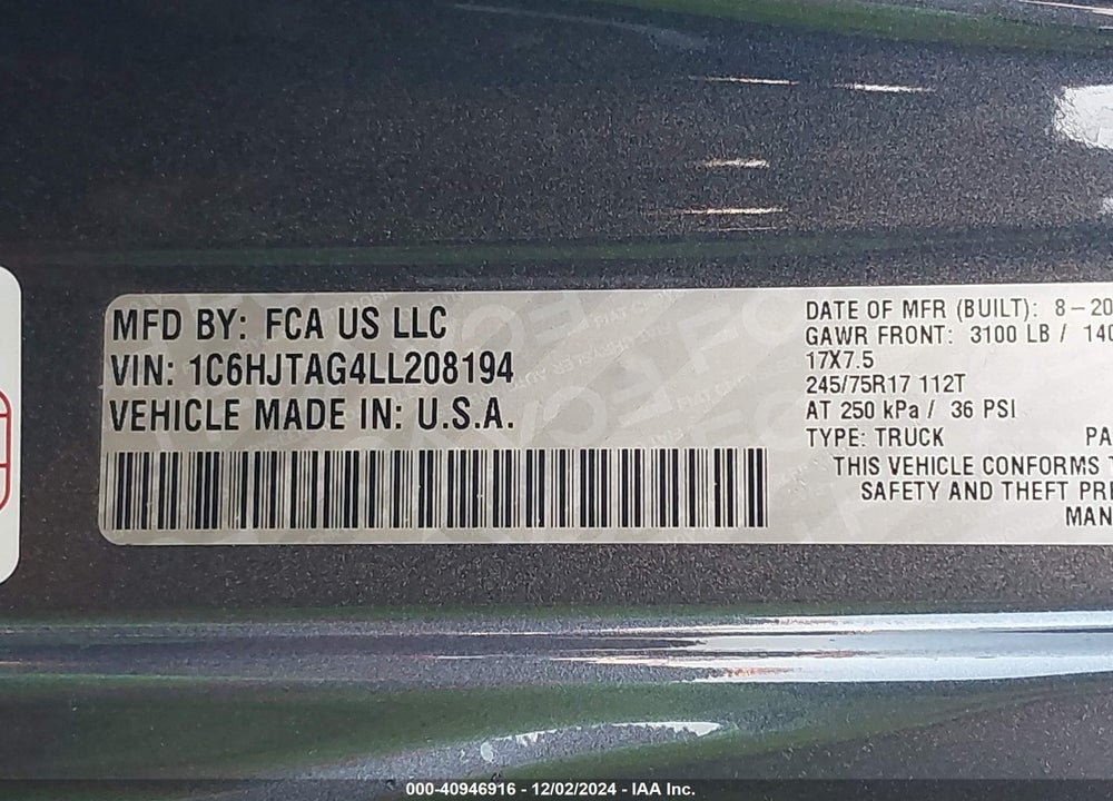 2020 JEEP GLADIATOR SPORT S 4X4 VIN: 1C6HJTAG4LL208194