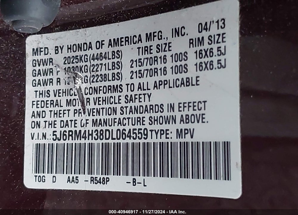 2013 HONDA CR-V LX VIN: 5J6RM4H38DL064559