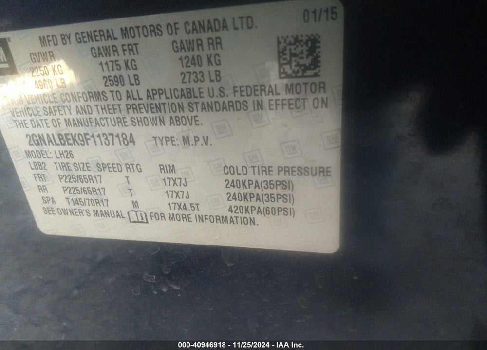 2015 CHEVROLET EQUINOX 1LT VIN: 2GNALBEK9F1137184