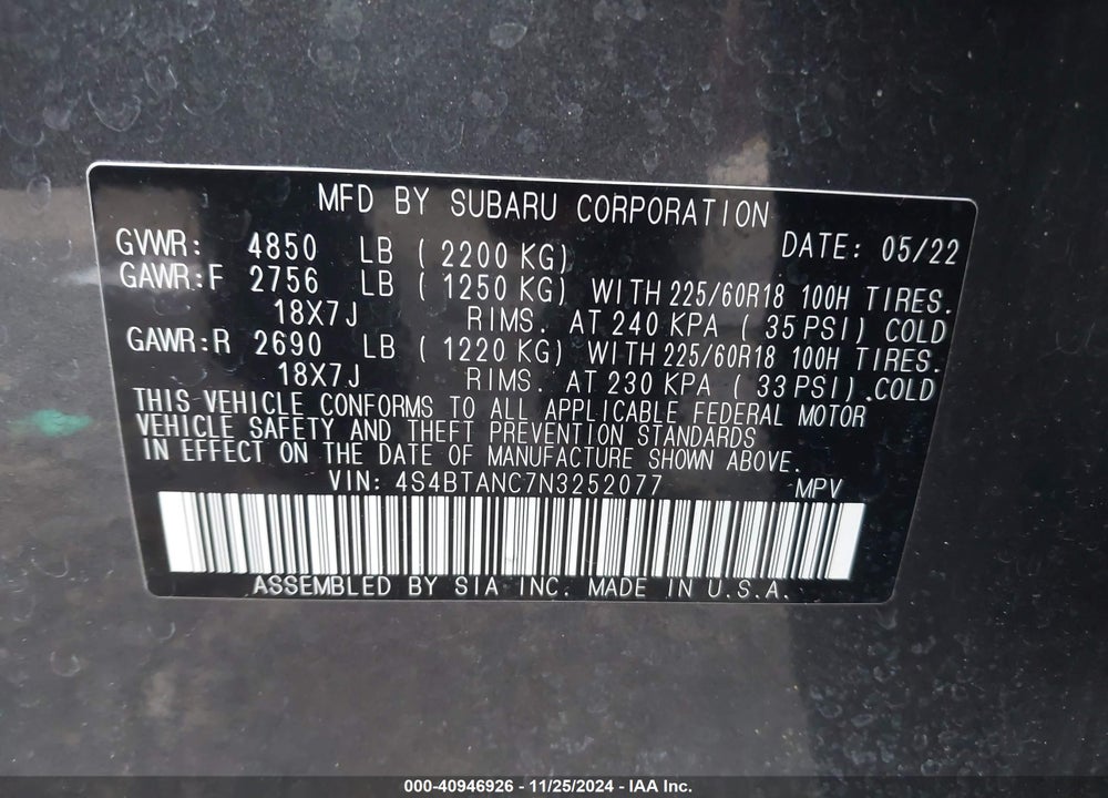 2022 SUBARU OUTBACK LIMITED VIN: 4S4BTANC7N3252077