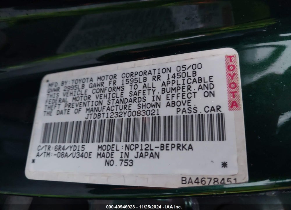 2000 TOYOTA ECHO VIN: JTDBT1232Y0083021