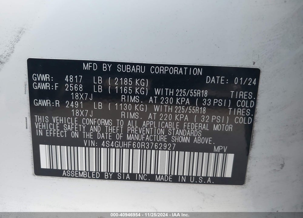 2024 SUBARU CROSSTREK SPORT VIN: 4S4GUHF60R3762927