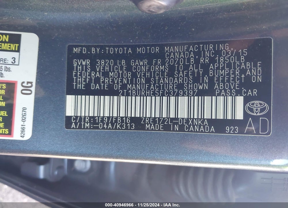 2015 TOYOTA COROLLA LE VIN: 2T1BURHE5FC379397