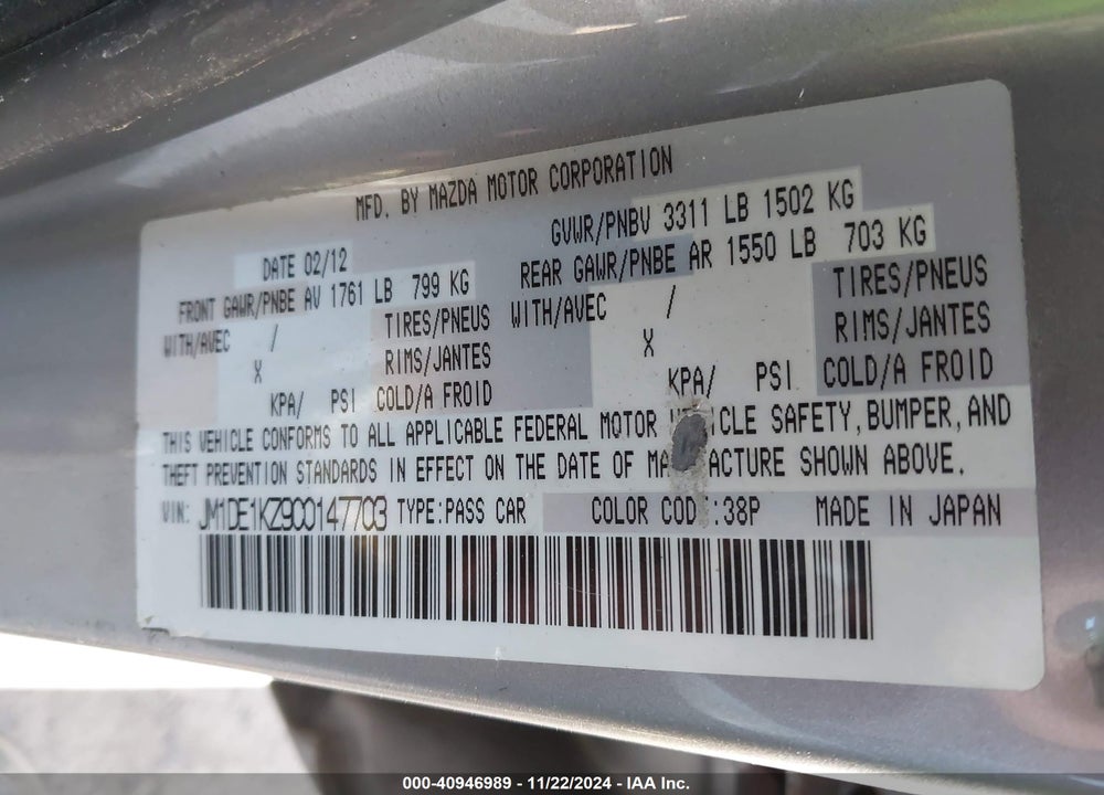 2012 MAZDA 2 SPORT VIN: JM1DE1KZ9C0147703
