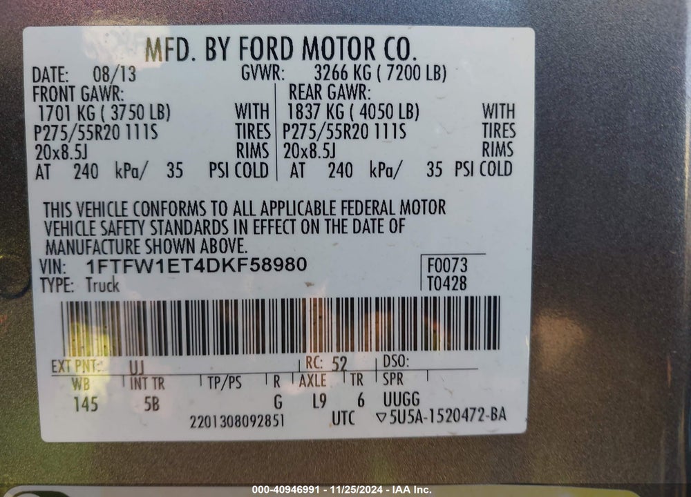 2013 FORD F-150 VIN: 1FTFW1ET4DKF58980