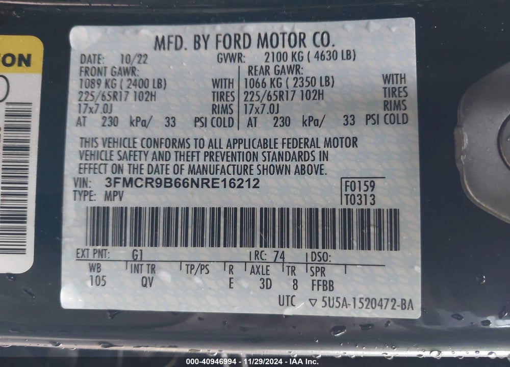 2022 FORD BRONCO SPORT BIG BEND VIN: 3FMCR9B66NRE16212