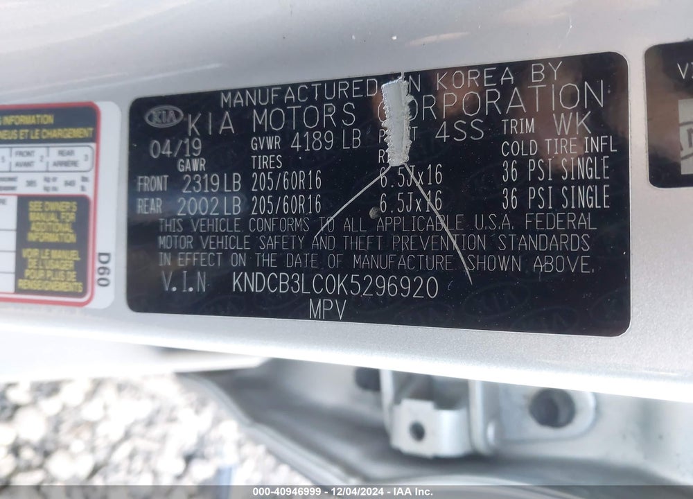 2019 KIA NIRO LX VIN: KNDCB3LC0K5296920
