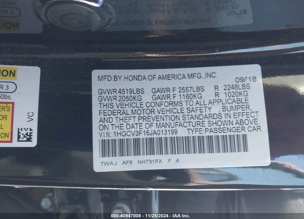 2018 HONDA ACCORD VIN: 1HGCV3F16JA013199