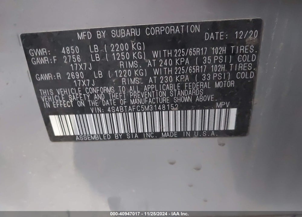 2021 SUBARU OUTBACK PREMIUM VIN: 4S4BTAFC5M3148152