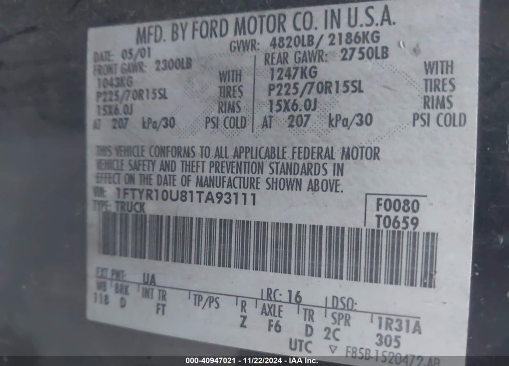 2001 FORD RANGER EDGE/XL/XLT VIN: 1FTYR10U81TA93111