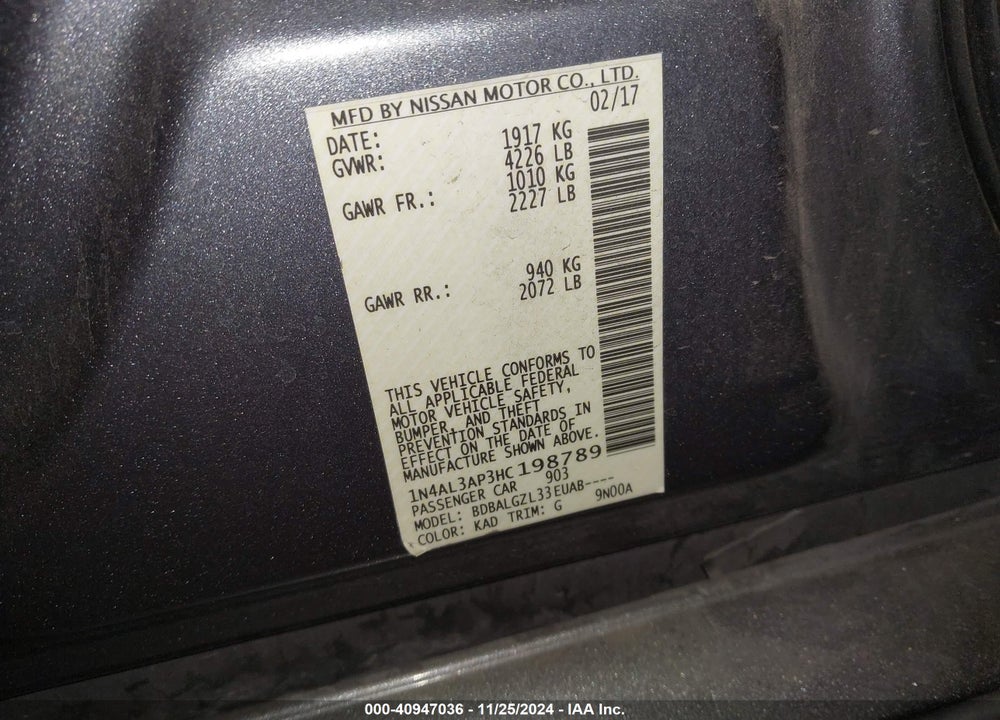 2017 NISSAN ALTIMA 2.5 S VIN: 1N4AL3AP3HC198789