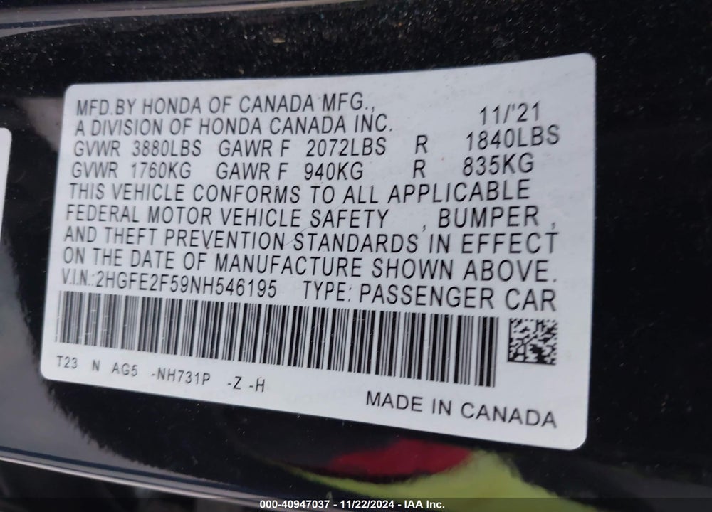 2022 HONDA CIVIC SPORT VIN: 2HGFE2F59NH546195