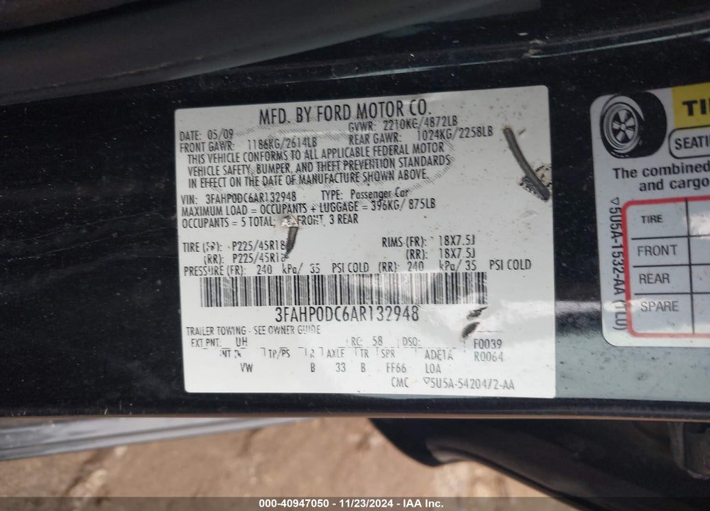 2010 FORD FUSION SPORT VIN: 3FAHP0DC6AR132948