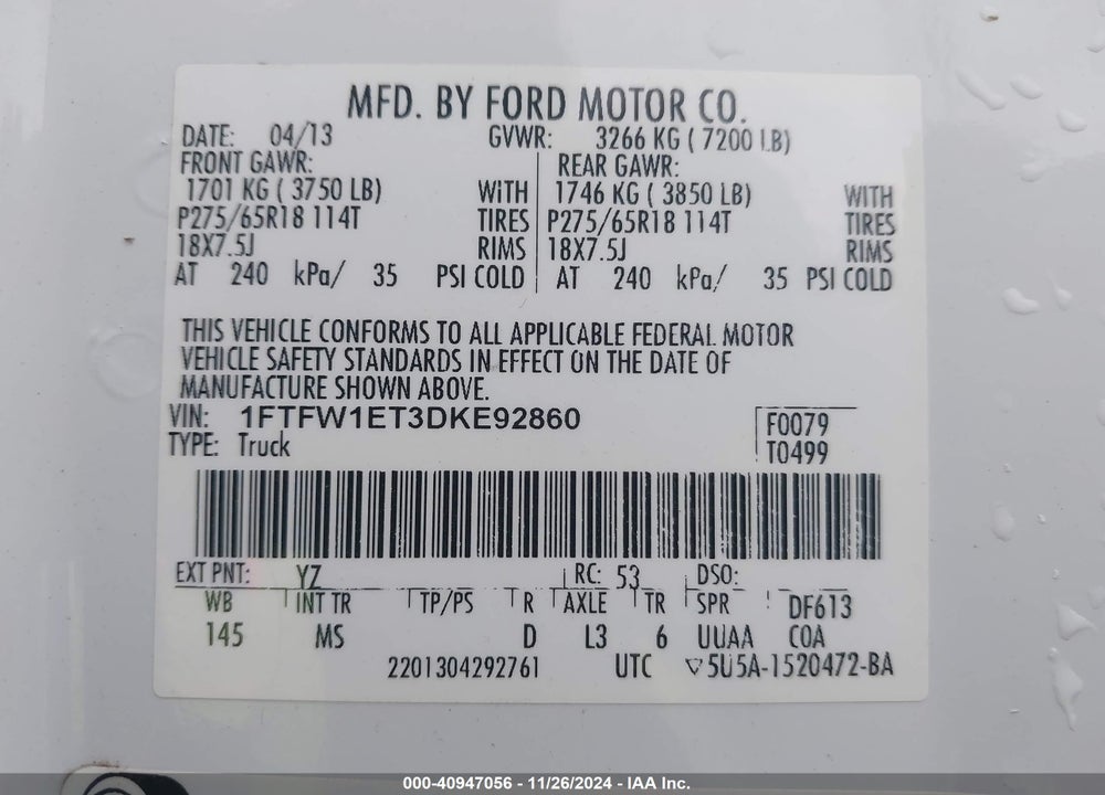 2013 FORD F-150 XLT VIN: 1FTFW1ET3DKE92860
