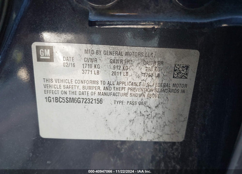 2016 CHEVROLET CRUZE LS AUTO VIN: 1G1BC5SM6G7232156