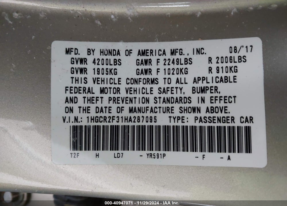 2017 HONDA ACCORD LX VIN: 1HGCR2F31HA287095
