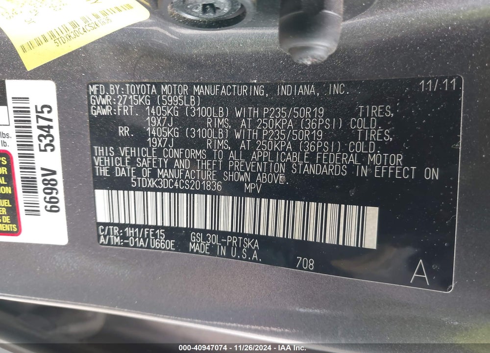 2012 TOYOTA SIENNA SE 8 PASSENGER VIN: 5TDXK3DC4CS201836