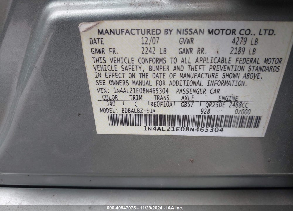 2008 NISSAN ALTIMA VIN: 1N4AL21E08N465304