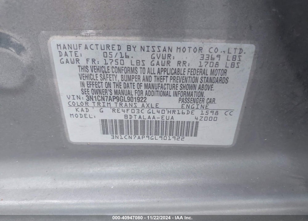 2016 NISSAN VERSA 1.6 S+ VIN: 3N1CN7AP9GL901922