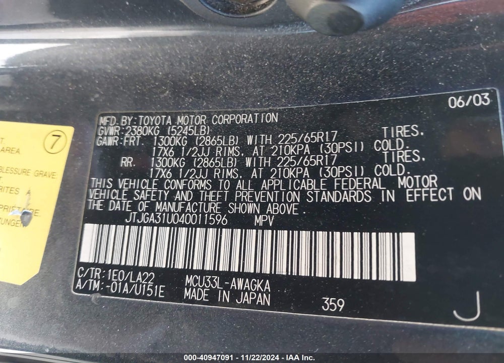 2004 LEXUS RX 330 VIN: JTJGA31U040011596