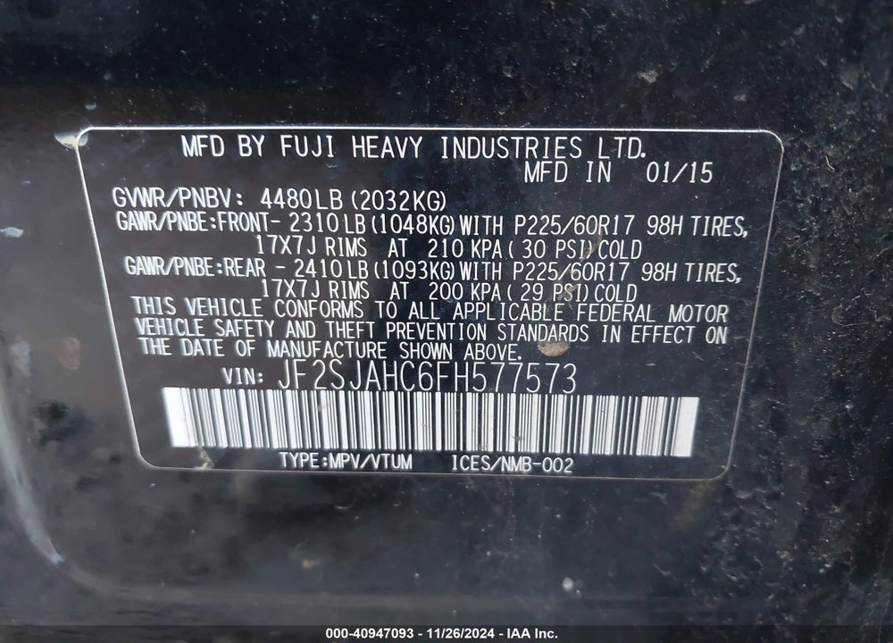 2015 SUBARU FORESTER 2.5I LIMITED VIN: JF2SJAHC6FH577573