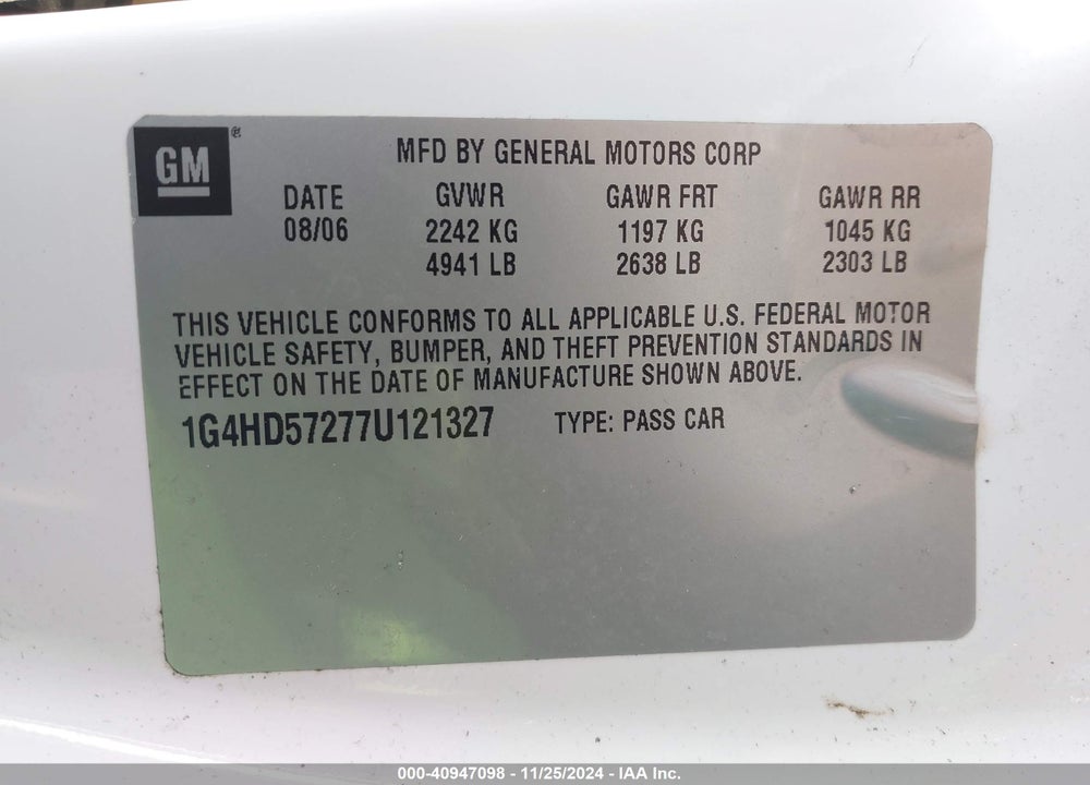 2007 BUICK LUCERNE CXL VIN: 1G4HD57277U121327