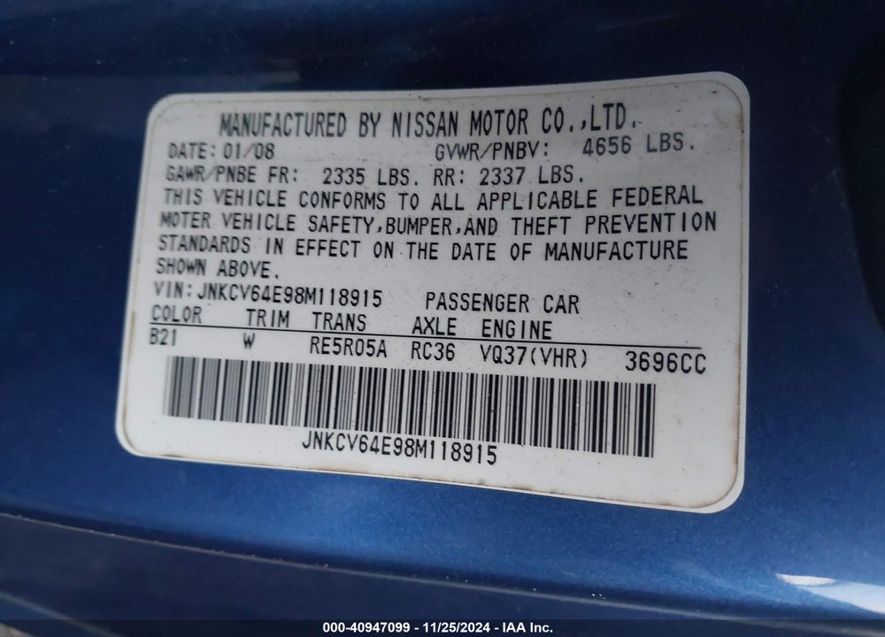 2008 INFINITI G37 JOURNEY VIN: JNKCV64E98M118915