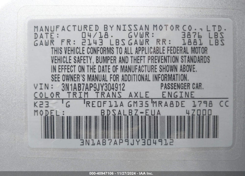 2018 NISSAN SENTRA VIN: 3N1AB7AP9JY304912