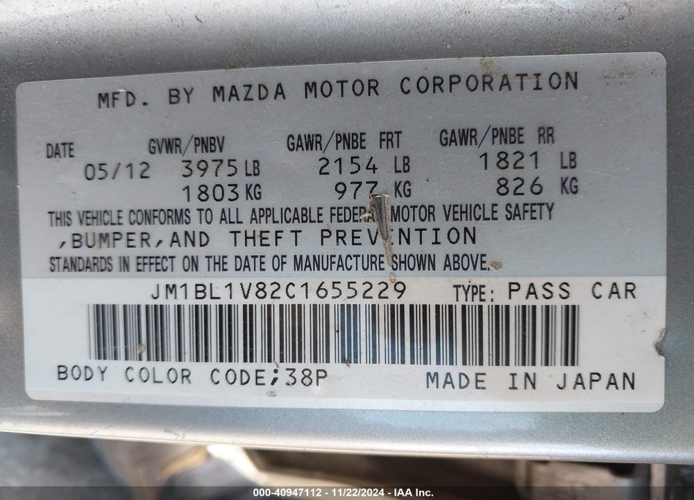 2012 MAZDA 3 I TOURING VIN: JM1BL1V82C1655229
