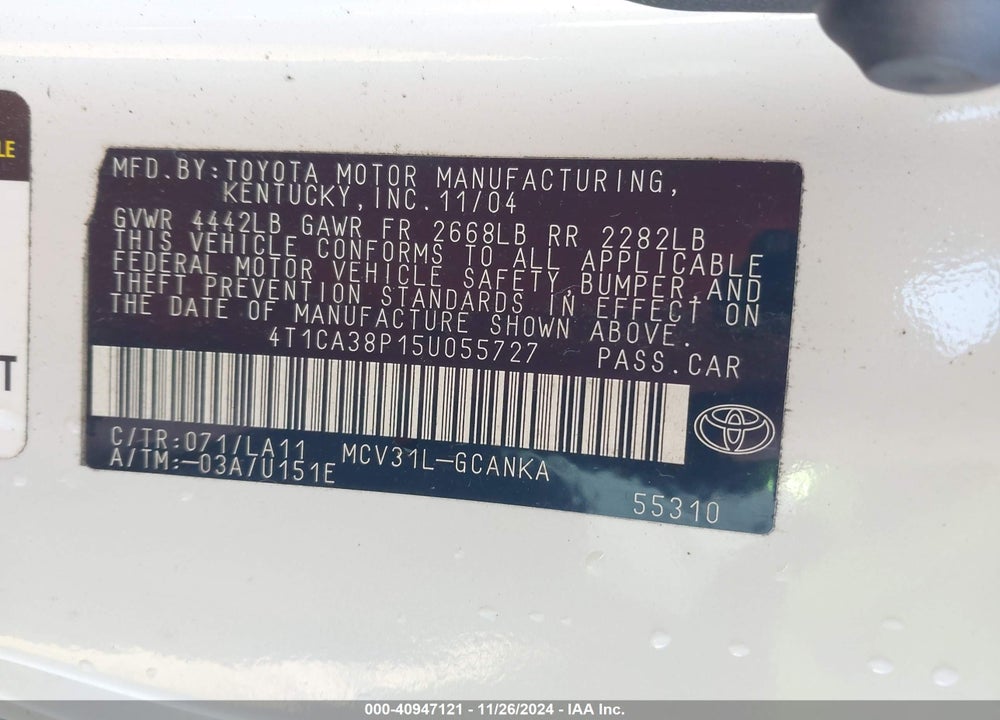 2005 TOYOTA CAMRY SOLARA SE SPORT V6 VIN: 4T1CA38P15U055727