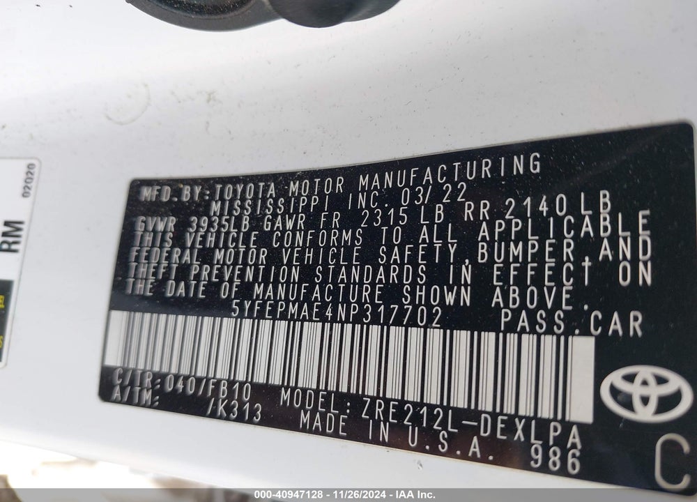 2022 TOYOTA COROLLA LE VIN: 5YFEPMAE4NP317702