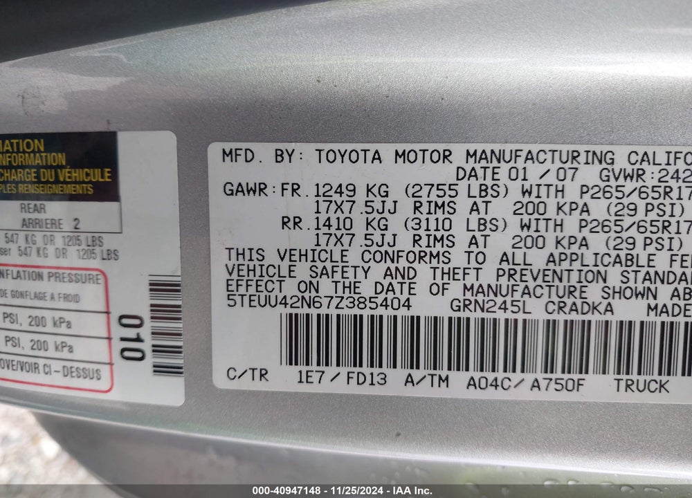 2007 TOYOTA TACOMA ACCESS CAB VIN: 5TEUU42N67Z385404