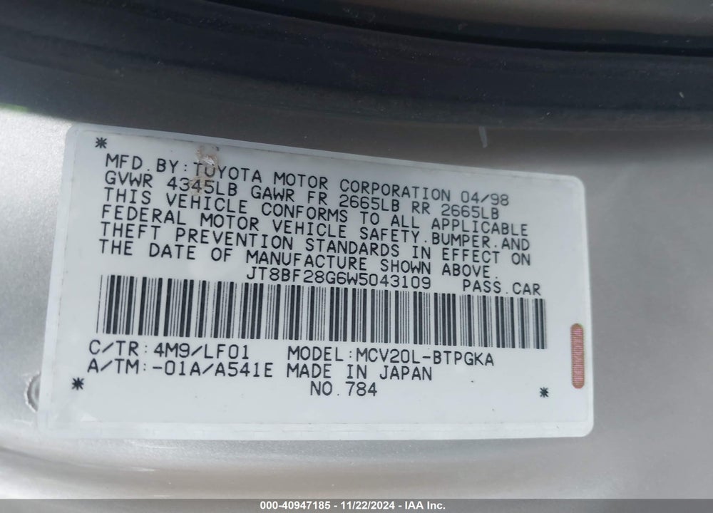 1998 LEXUS ES 300 VIN: JT8BF28G6W5043109